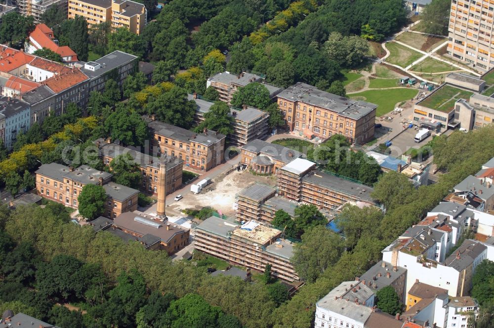 Berlin from the bird's eye view: Historic brick buildings on the old hospital grounds of the Urban hospital in Berlin-Kreuzberg is currently being converted to residential, social and commercial space