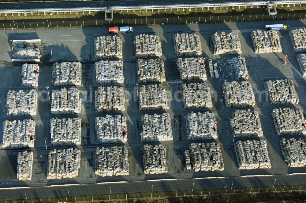 Aerial image Eisenhüttenstadt - View at Waste paper stacks on the plant grounds of the factory for corrugated base paper Propapier plant PM2 GmbH in Eisenhuettenstadt in Brandenburg