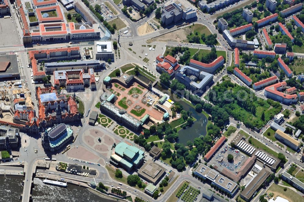 Aerial photograph Dresden - View over historic district at bridge Augustusbruecke on bank of the River Elbe