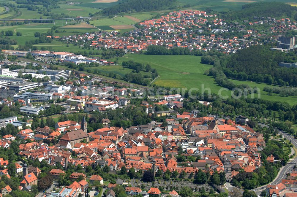 Aerial photograph Bad Neustadt - Cityscape with the Assumption of Mary Church in the old town of Bad Neustadt in Bavaria