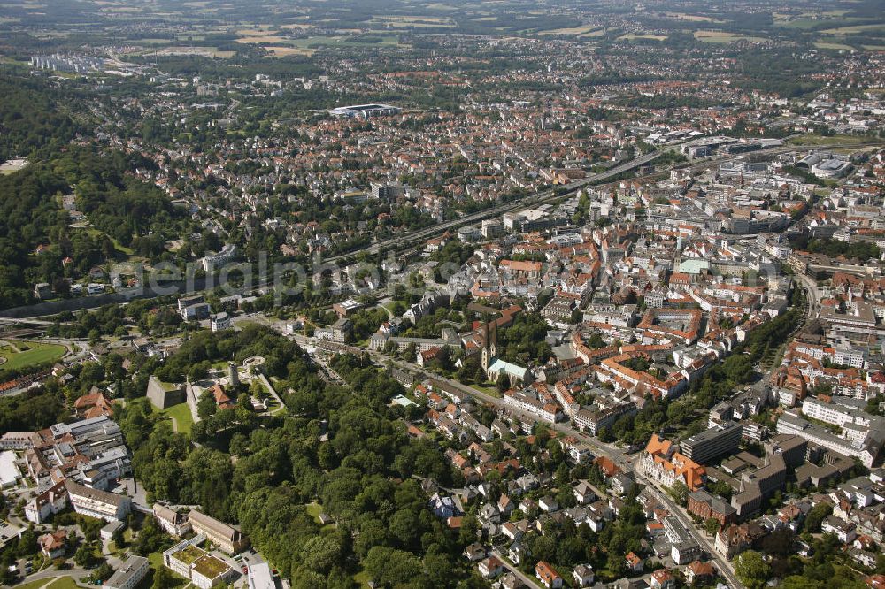 Bielefeld from the bird's eye view: Look at the historic centre of Bielefeld. In the background the football stadium Bielefelder Alm