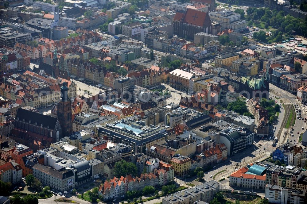 WROCLAW - BRESLAU from above - Cityscape of the old city with the St. Elizabeth Church, the Town Hall, the University Library and the Church of St. Dorothea in Wroclaw in the Voivodship Lower Silesia in Poland