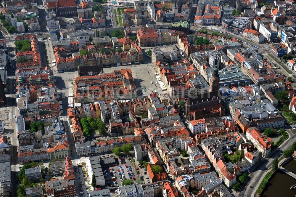 WROCLAW - BRESLAU from the bird's eye view: Cityscape of the old city with the St. Elizabeth Church, the Town Hall, the University Library and the Church of St. Dorothea in Wroclaw in the Voivodship Lower Silesia in Poland