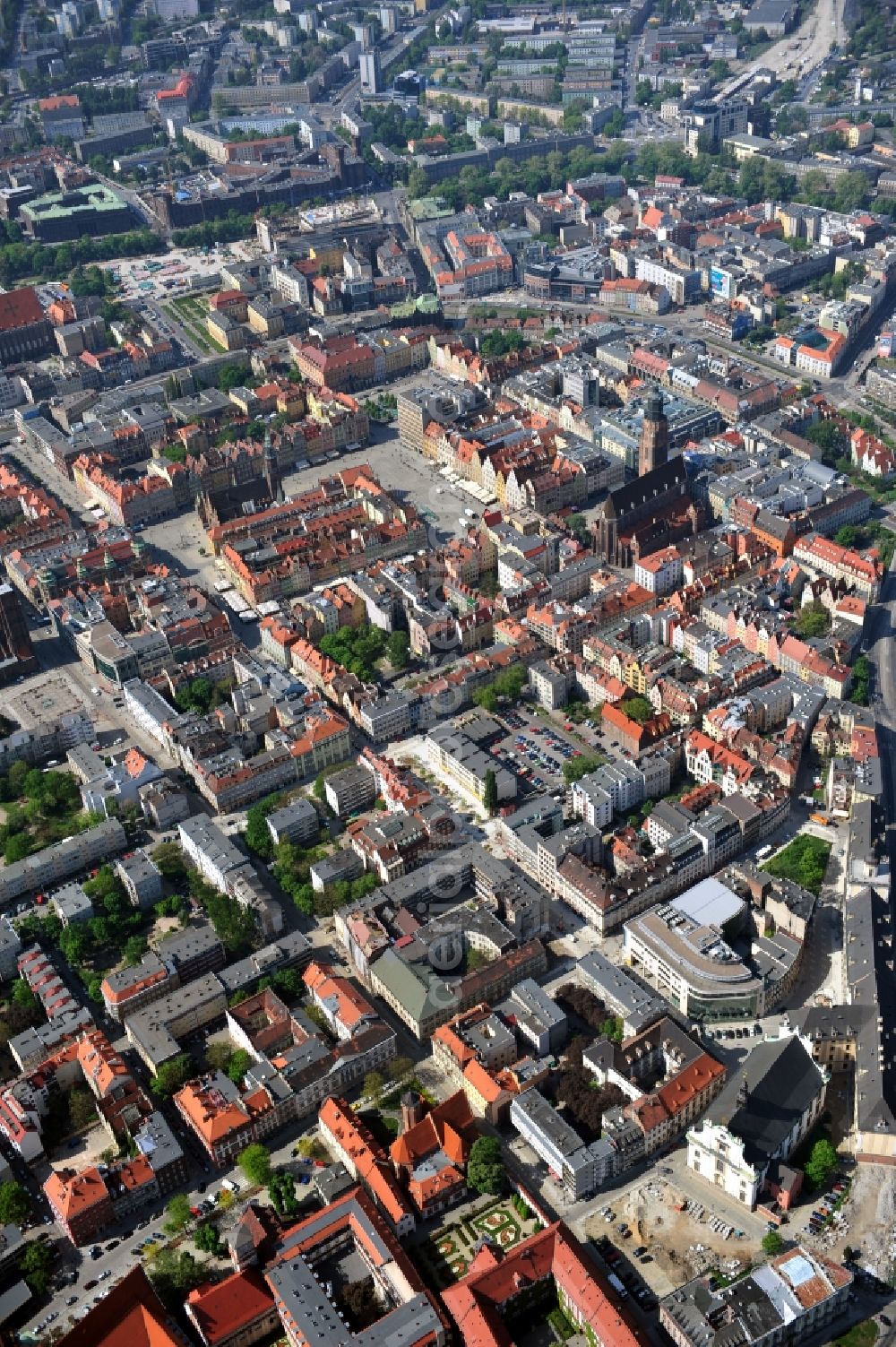 Aerial photograph WROCLAW - BRESLAU - Cityscape of the old city with the University of Sacred Heart Church, St. Elizabeth Church, the Town Hall and the University Library in Wroclaw in the Voivodship Lower Silesia in Poland