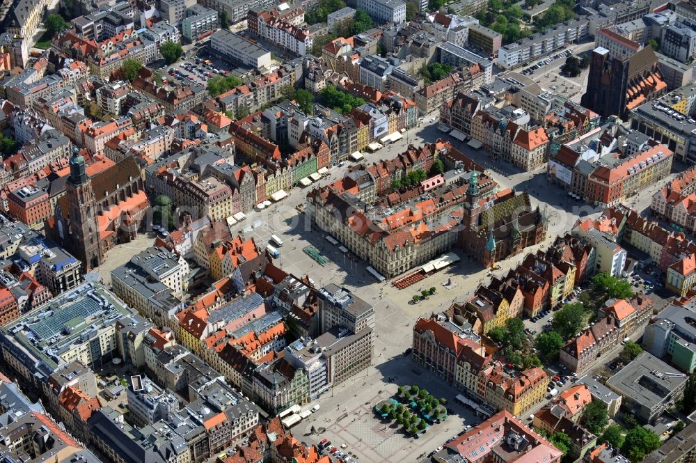 Aerial image WROCLAW - BRESLAU - Cityscape of the old city with the St. Elizabeth Church, the Town Hall and the Magdalene Church in Wroclaw in the Voivodship Lower Silesia in Poland