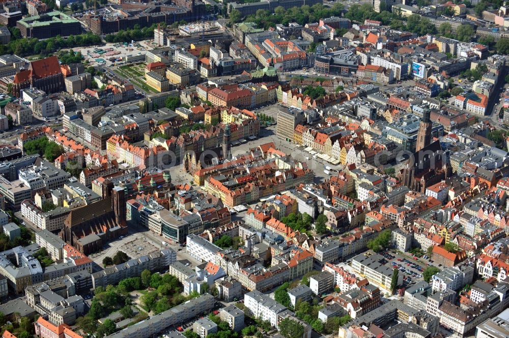 Aerial photograph WROCLAW - BRESLAU - Cityscape of the old city with the Magdalene Church, the Town Hall, St. Elizabeth Church, the University Library and the Church of St. Dorothea in Wroclaw in the Voivodship Lower Silesia in Poland