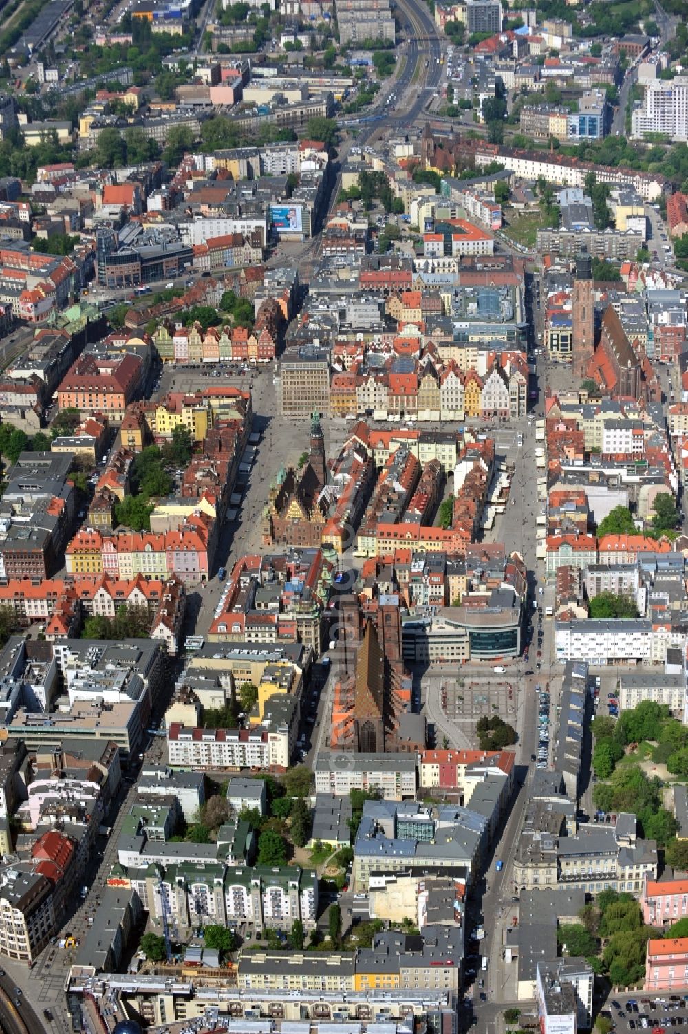 WROCLAW - BRESLAU from the bird's eye view: Cityscape of the old city with the Magdalene Church, the Town Hall and the St. Elizabeth Church in Wroclaw in the Voivodship Lower Silesia in Poland