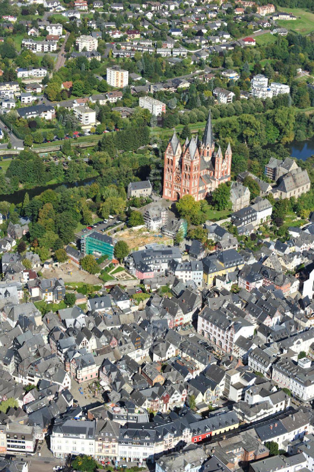 Limburg an der Lahn from above - The old town with the cathedral of Limburg an der Lahn. Limburg a.d. Lahn is the county town of the district Limburg-Weilburg in Hesse