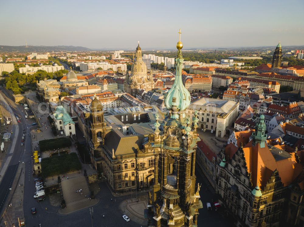 Dresden from the bird's eye view: Top of the Hofkirche, Staendehaus and Frauenkirche in Dresden in the federal state of Saxony, Germany