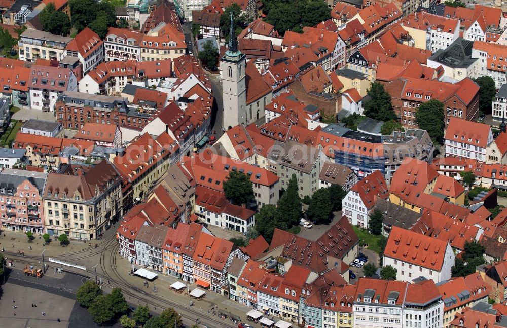 Erfurt from the bird's eye view: Erfurt's historic district in the state of Thuringia with view of the street Marktsrasse, in which the Catholic church Allerheiligenkirche and the route of the light rail Erfurt are