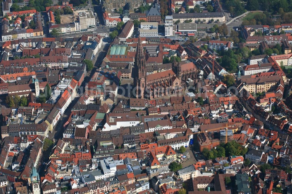 Freiburg im Breisgau from above - City view of Freiburg im Breisgau in the state of Baden-Wuerttemberg with the Freiburg Muenster in the center of the old town