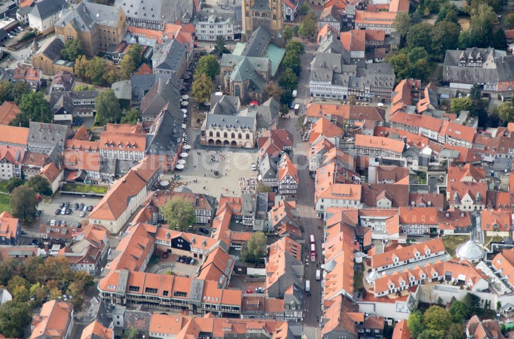 Goslar from the bird's eye view: View of the old town of Goslar in Lower Saxony with marketplace and market Church St. Cosmas and Damian. The city belongs to the UNESCO World Heritage site