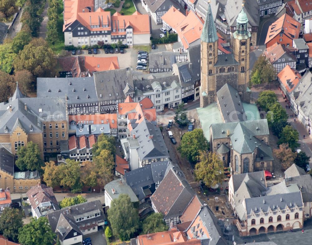 Goslar from above - View of the old town of Goslar in Lower Saxony with marketplace and market Church St. Cosmas and Damian. The city belongs to the UNESCO World Heritage site