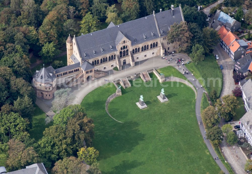 Aerial image Goslar - View of the old town of Goslar in Lower Saxony with marketplace and market Church St. Cosmas and Damian. The city belongs to the UNESCO World Heritage site