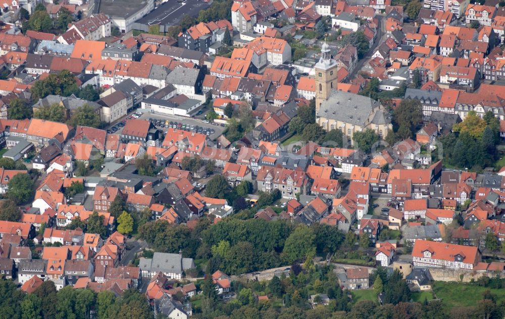 Aerial photograph Goslar - View of the old town of Goslar in Lower Saxony with marketplace and market Church St. Cosmas and Damian. The city belongs to the UNESCO World Heritage site