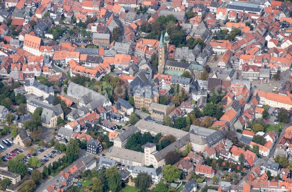 Goslar from the bird's eye view: View of the old town of Goslar in Lower Saxony with marketplace and market Church St. Cosmas and Damian. The city belongs to the UNESCO World Heritage site