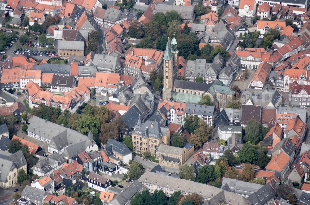 Aerial image Goslar - View of the old town of Goslar in Lower Saxony with marketplace and market Church St. Cosmas and Damian. The city belongs to the UNESCO World Heritage site