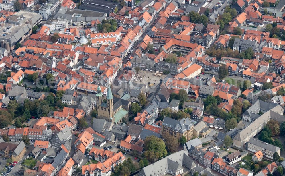 Goslar from above - View of the old town of Goslar in Lower Saxony with marketplace and market Church St. Cosmas and Damian. The city belongs to the UNESCO World Heritage site