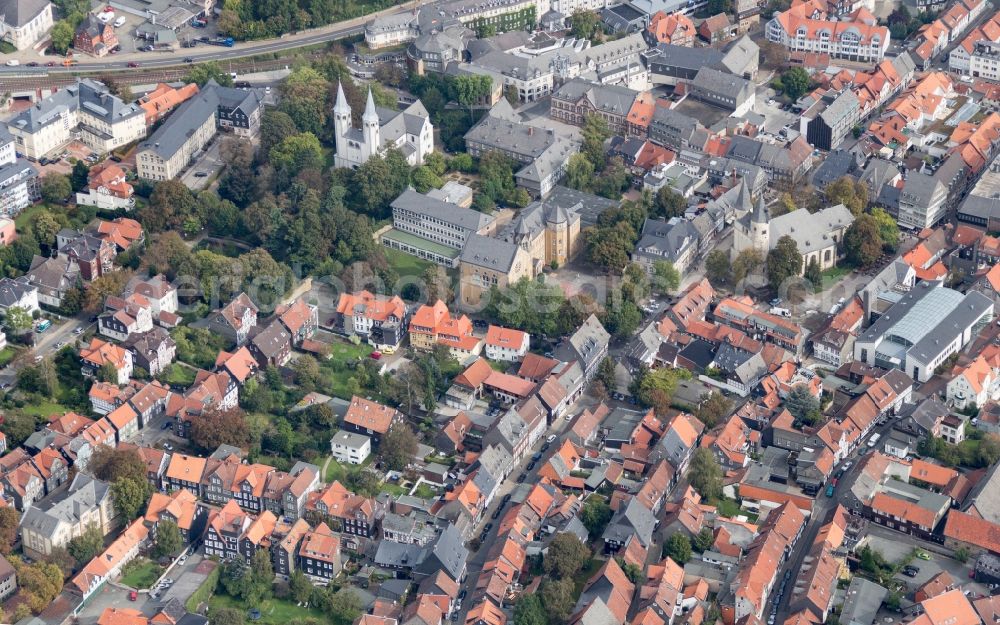 Goslar from the bird's eye view: View of the old town of Goslar in Lower Saxony with marketplace and market Church St. Cosmas and Damian. The city belongs to the UNESCO World Heritage site