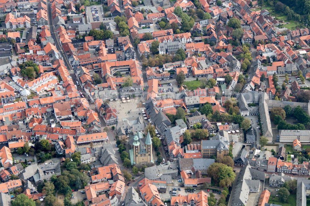 Aerial image Goslar - View of the old town of Goslar in Lower Saxony with marketplace and market Church St. Cosmas and Damian. The city belongs to the UNESCO World Heritage site