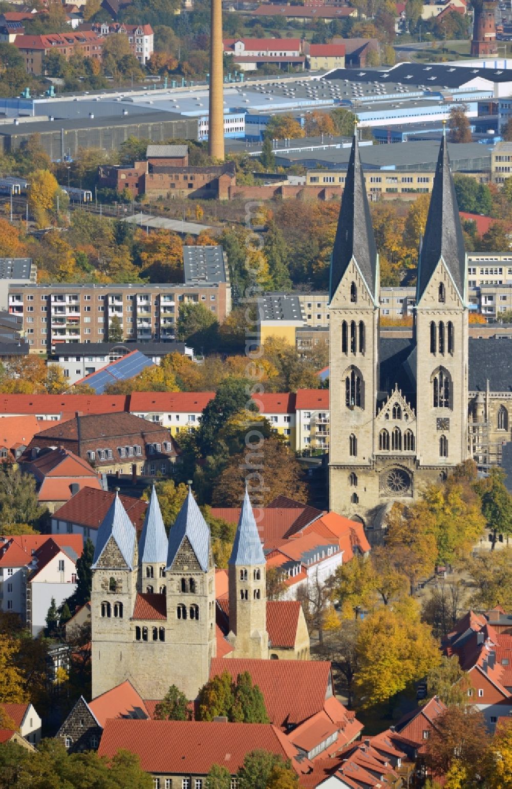 Halberstadt from above - View onto the old city of Halberstadt with the Halberstadt Cathedral and the Church of Our Lady on Halberstadt in the state Saxony-Anhalt