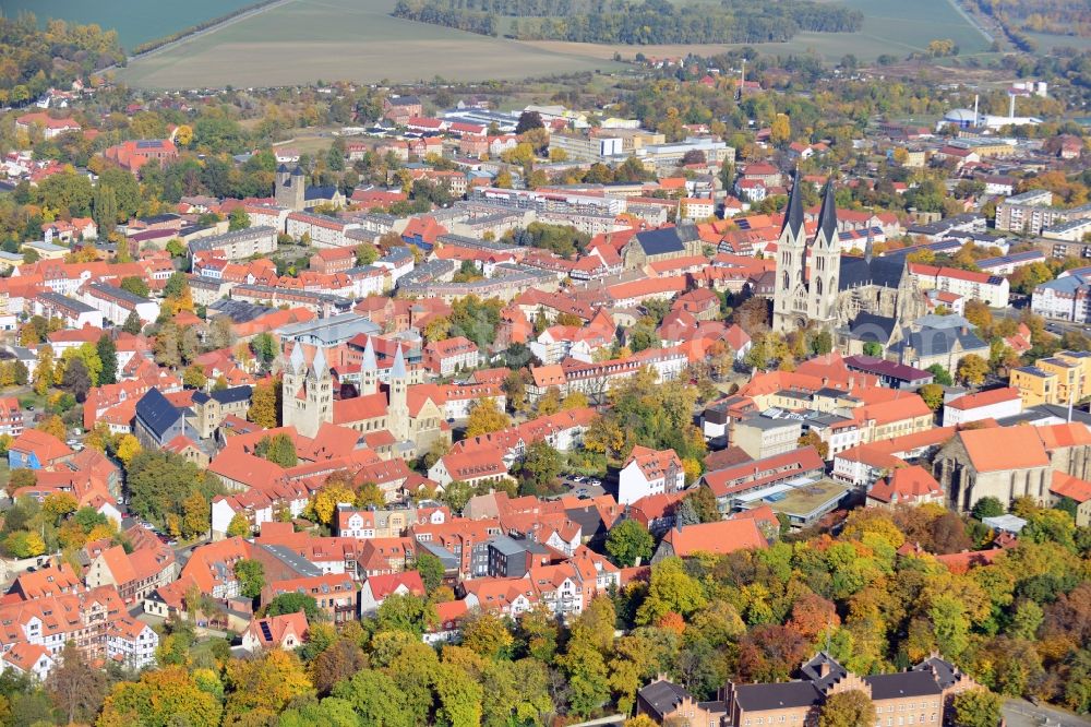 Halberstadt from above - View onto the old city of Halberstadt with the Halberstadt Cathedral and the Church of Our Lady on Halberstadt in the state Saxony-Anhalt