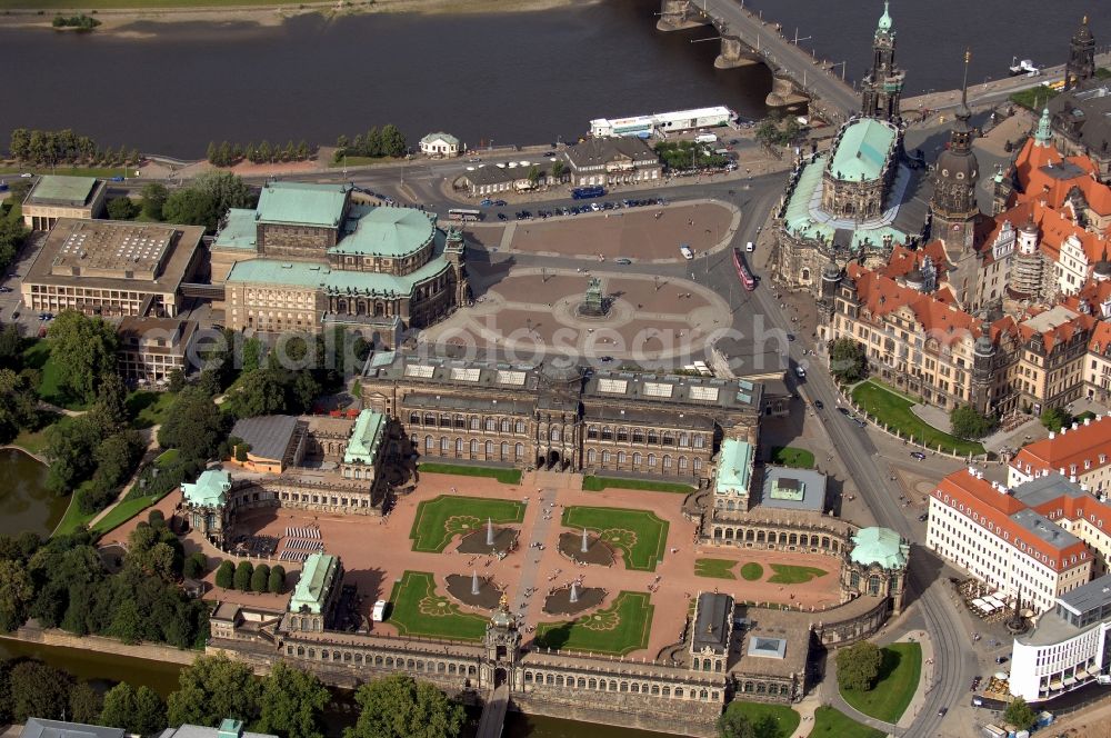 Dresden from above - Old Town area and city center with the bridge Augustusbruecke, Hofkirche, Residenzschloss, the Semperoper at the Theaterplatz and Dresdner Zwinger in Dresden in the state Saxony, Germany