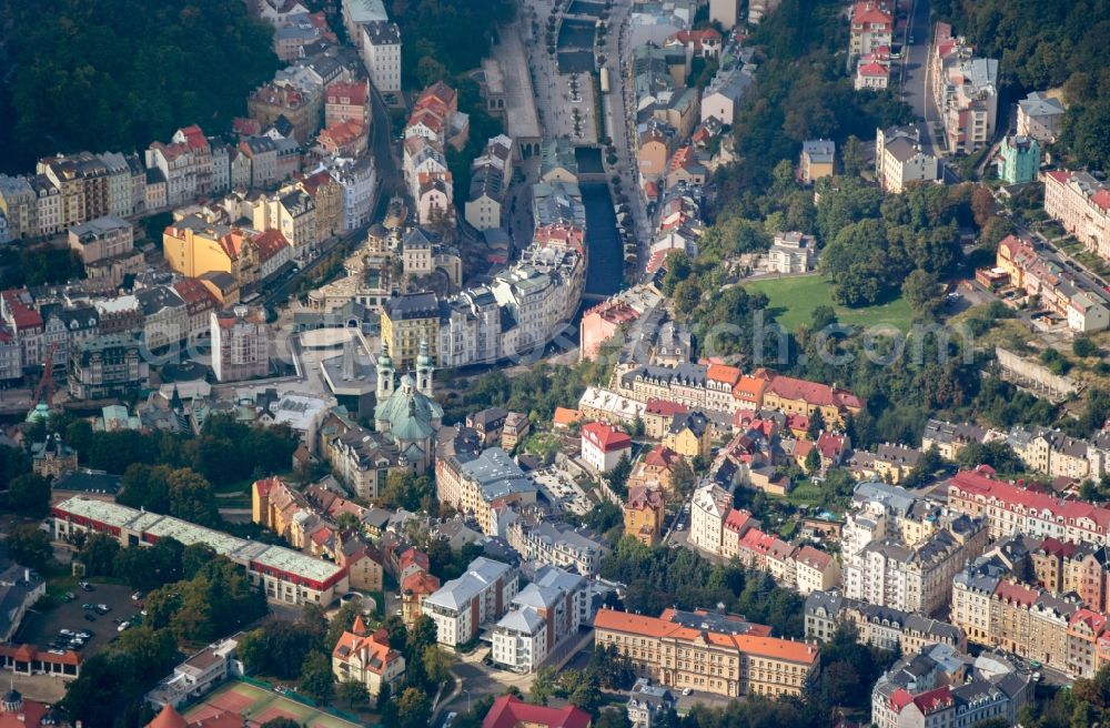 Aerial image Karlsbad - Old town of Karlsbad (Karlovy Vary) in the Czech Republic