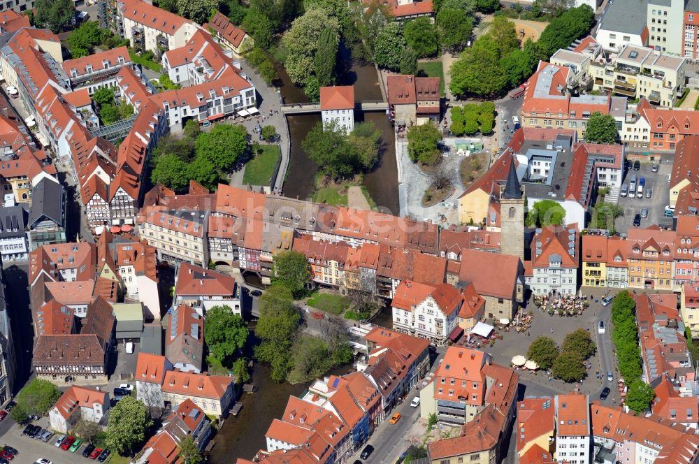 Erfurt from above - Part of the historic old town with the beautifully restored half-timbered houses around the Kraemerbuecke in Erfurt in Thuringia. The picture shows the half-timbered houses on Benediktsplatz, the Wenigemarkt and Aegidien church