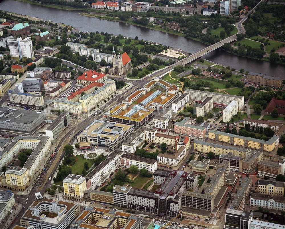 Magdeburg from above - Historic city Magdeburg with the shopping centres Allee Center and Ulrichhaus, the Town hall and the St. John´s Church in the state Saxony-Anhalt