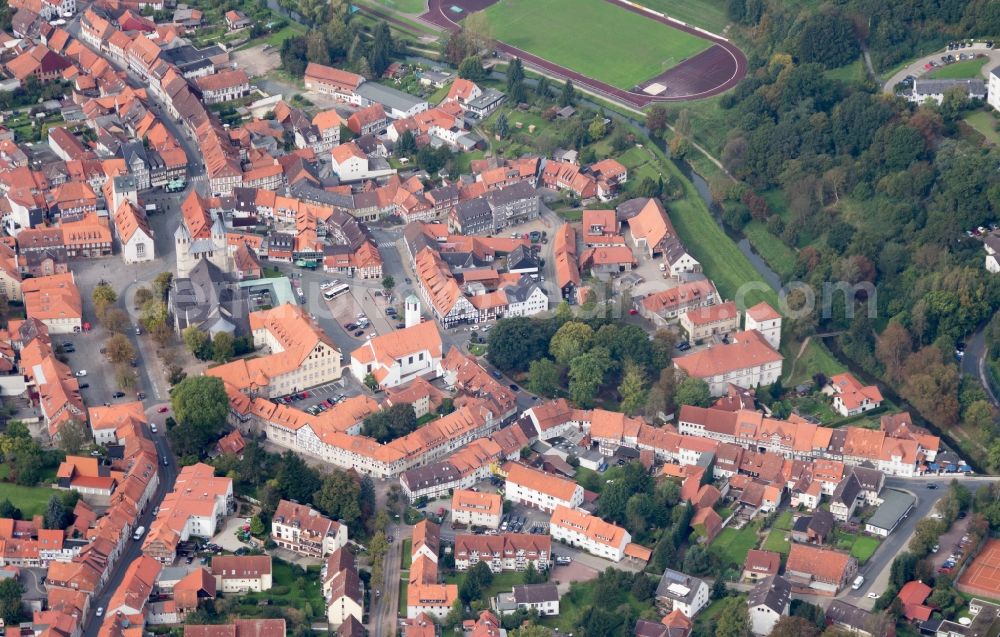 Aerial image Bad Gandersheim - Views of the old town with its market and the Romanesque church of the monastery of Bad Gan dersheim in Lower Saxony