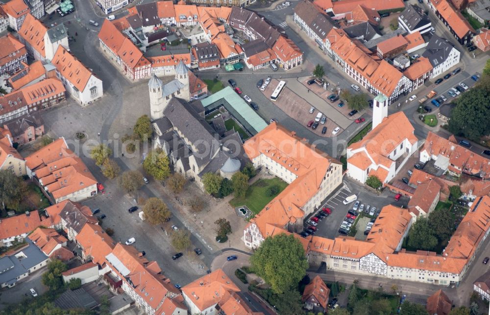 Bad Gandersheim from above - Views of the old town with its market and the Romanesque church of the monastery of Bad Gan dersheim in Lower Saxony