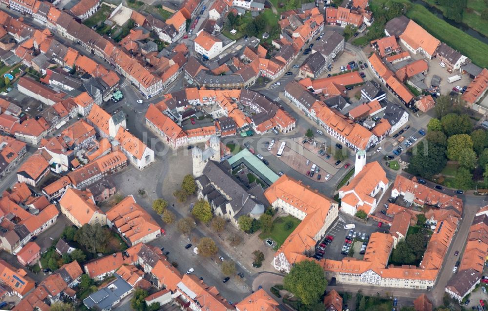 Aerial image Bad Gandersheim - Views of the old town with its market and the Romanesque church of the monastery of Bad Gan dersheim in Lower Saxony