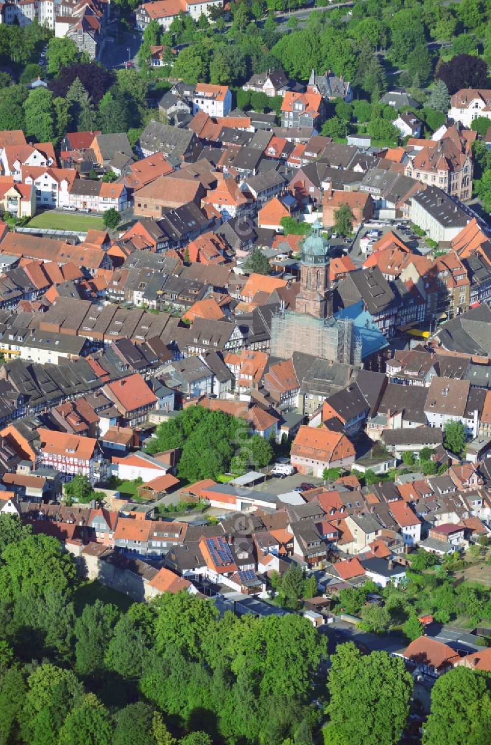 Einbeck from above - Old Town and timbered houses and in the center the market Church at the market corner market street in Einbeck in the state Lower Saxony