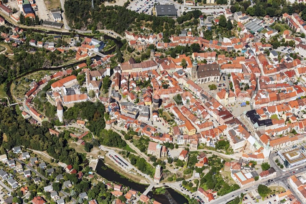 Bautzen from above - City view on the river bank of Hauptspree in Bautzen in the state Saxony, Germany