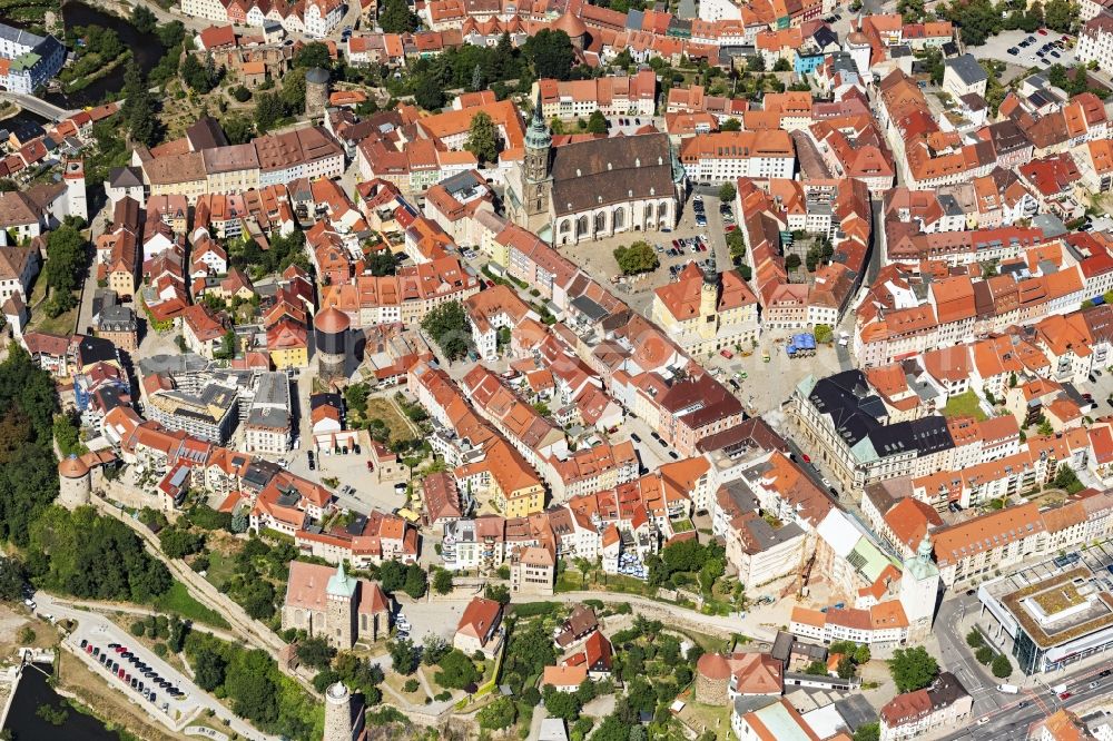 Bautzen from the bird's eye view: City view on the river bank of Hauptspree in Bautzen in the state Saxony, Germany