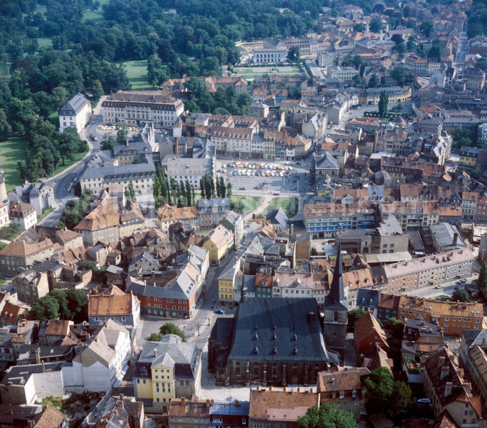 Weimar from the bird's eye view: Blick auf die Stadtkirche St. Peter und Paul in der Altstadt von Weimar. Im Volksmund wird der Bau als Herderkirche bezeichnet. View of the Church of St. Peter and Paul in the old town of Weimar. In the vernacular it is called the Herder Church.