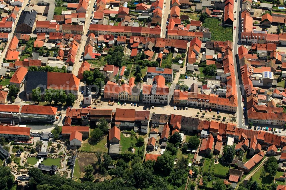 Weißensee from above - Among the striking sights in the old town of Weissensee in Thuringia belongs next to the Church of St. Peter and Paul's the historic Town Hall. The origin of the town hall dates back to the 14th century. This makes it one of the oldest town halls in Germany. In the environment of the town hall and the church a residential and business district is the old town. Located next to the Old Town of the Chinese garden was created in the last few years, which was designed as part of the State Garden Show