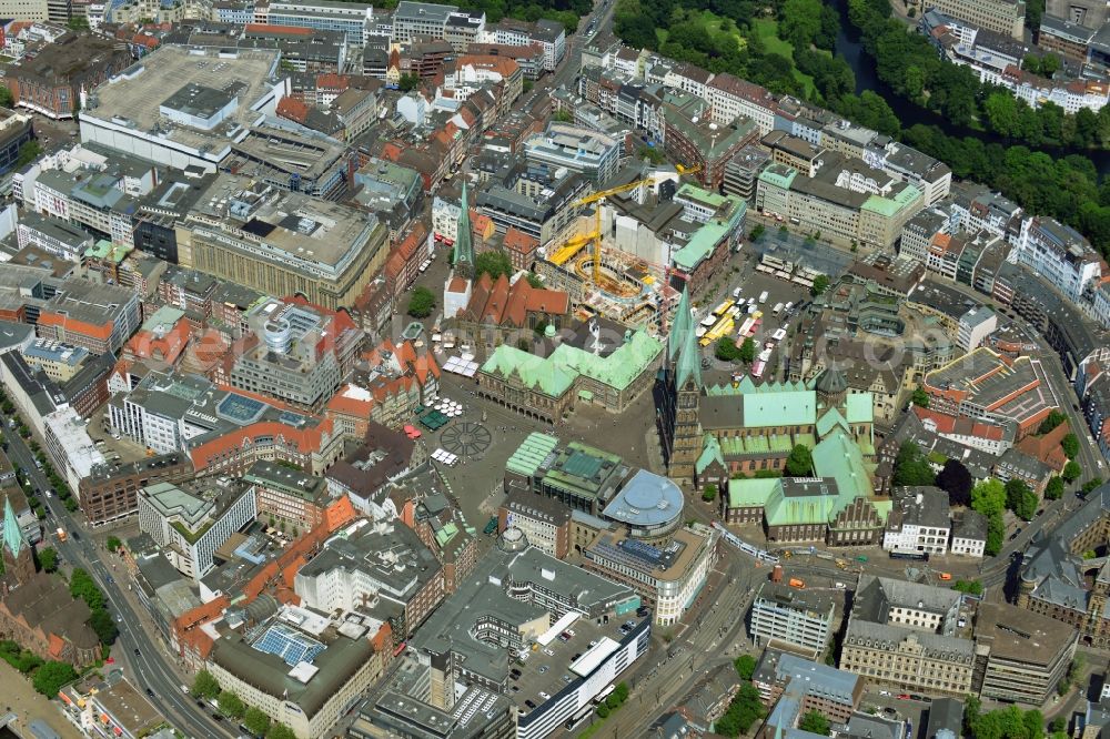 Bremen from above - Historic Centre of the city center's Market Square with the Town Hall and Cathedral of Bremen