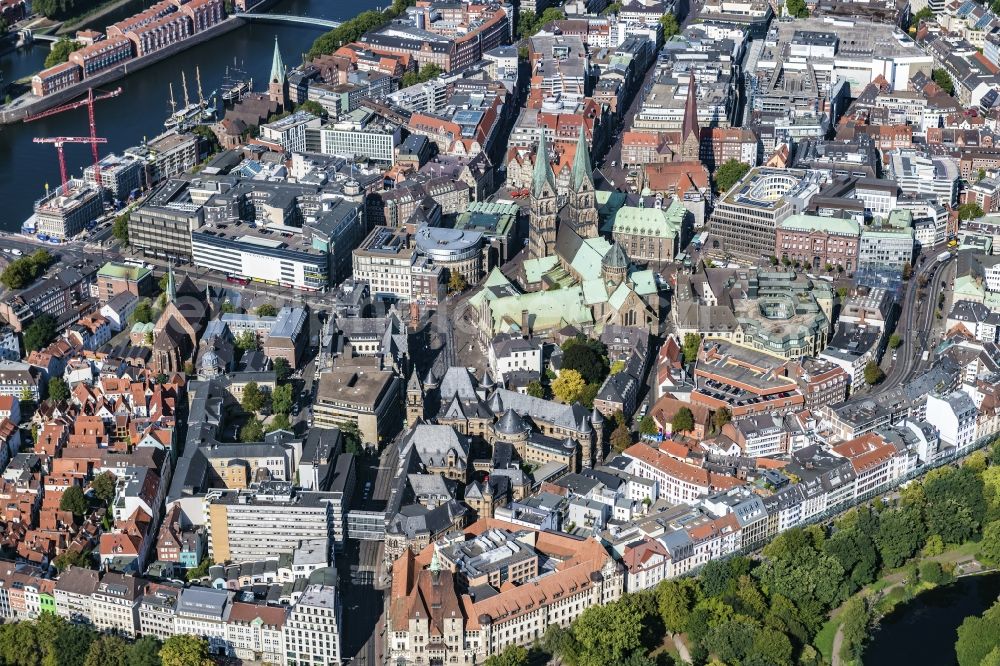 Bremen from above - Old Town- center of downtown with church building of St. Petri Dom on the banks of the river Weser in the district Zentrum in Bremen, Germany