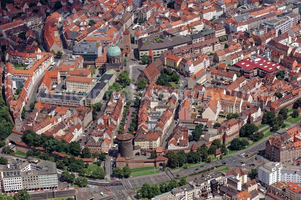 Nürnberg from above - Church building in Old Town- center of downtown in Nuremberg in the state Bavaria