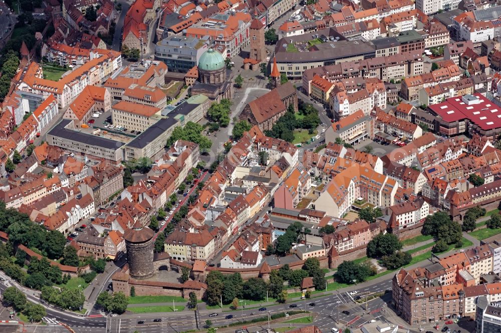 Nürnberg from the bird's eye view: Church building in Old Town- center of downtown in Nuremberg in the state Bavaria