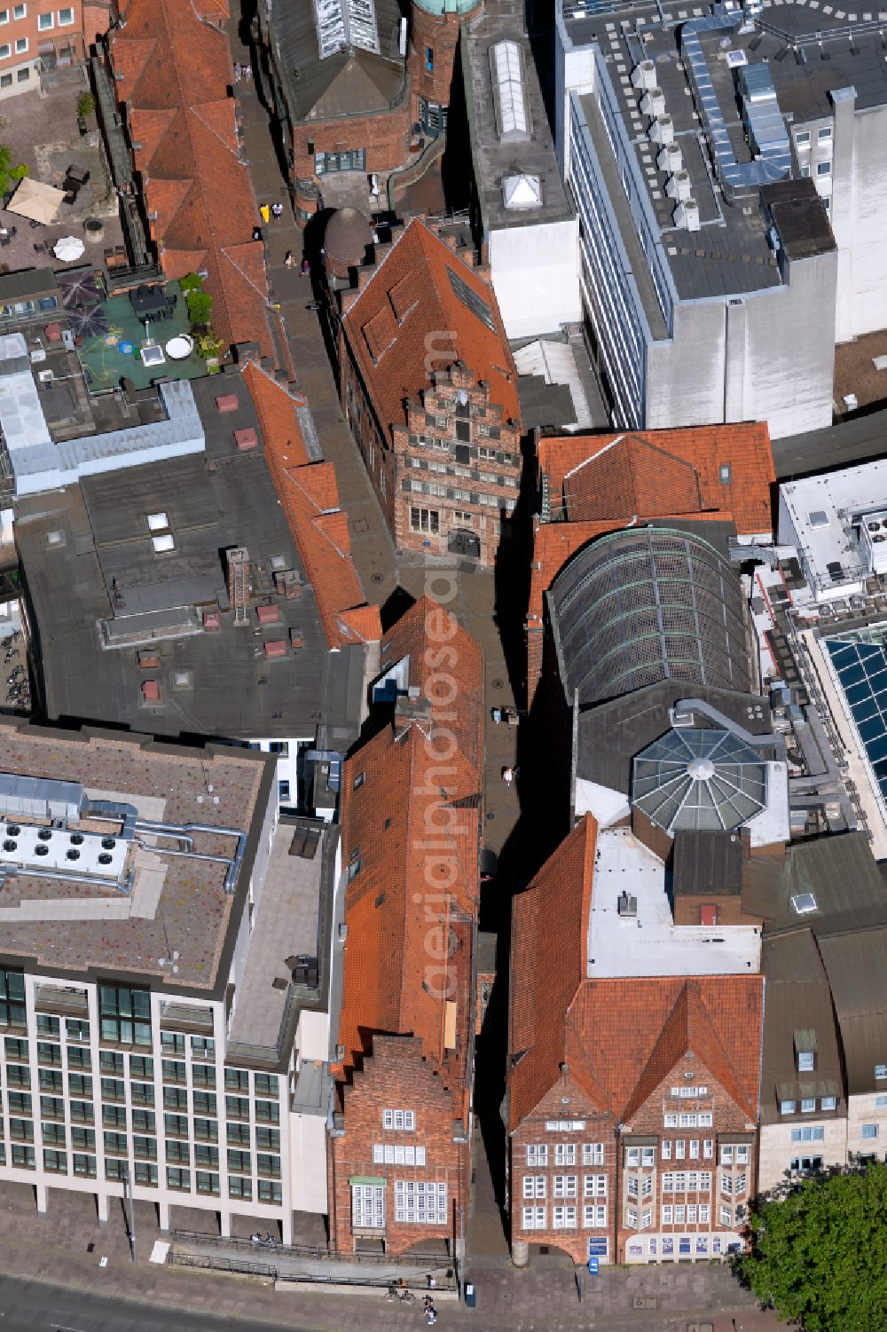 Bremen from above - Old Town area and city center with historischen Gebaeuden in the Boettcherstrasse in the district Altstadt in Bremen, Germany