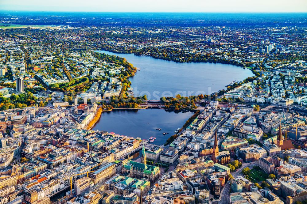 Hamburg from above - Old town area and inner city center with Binnenalster and Aussenalster in Hamburg, Germany