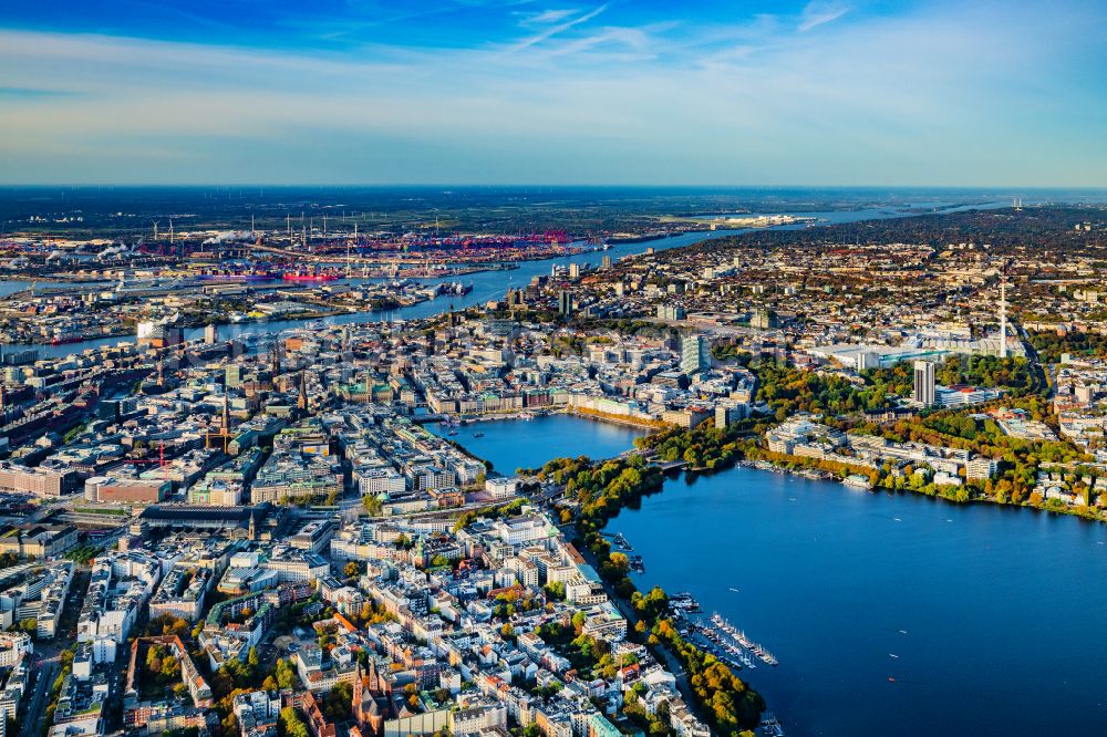 Hamburg from the bird's eye view: Old town area and inner city center with Binnenalster and Aussenalster in Hamburg, Germany