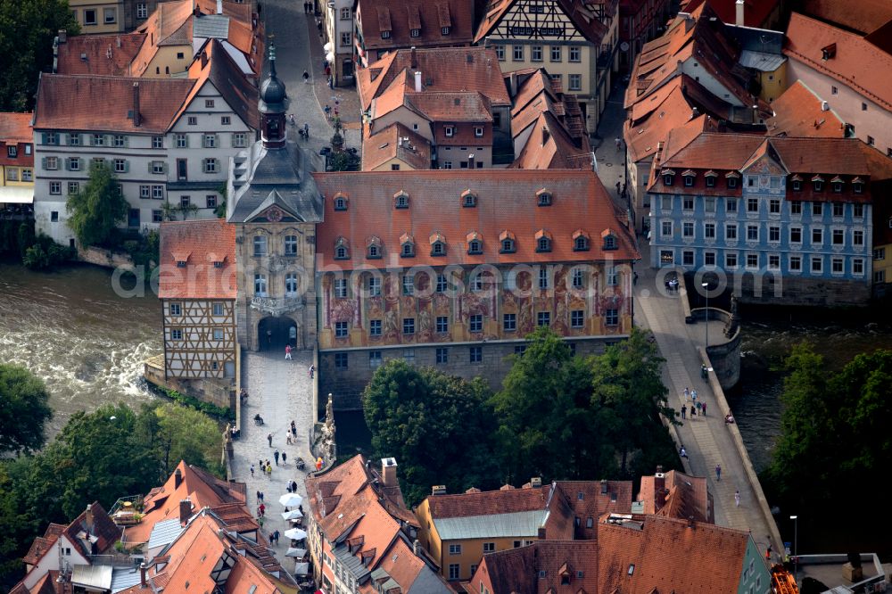 Bamberg from above - Old Town area and city center with dem Alten Rathaus Bamberg between Unterer Bruecke and Oberer Bruecke on Linken Regnitzarm in Bamberg in the state Bavaria, Germany