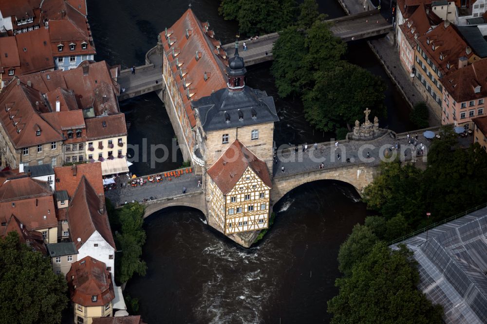 Aerial image Bamberg - Old Town area and city center with dem Alten Rathaus Bamberg between Unterer Bruecke and Oberer Bruecke on Linken Regnitzarm in Bamberg in the state Bavaria, Germany