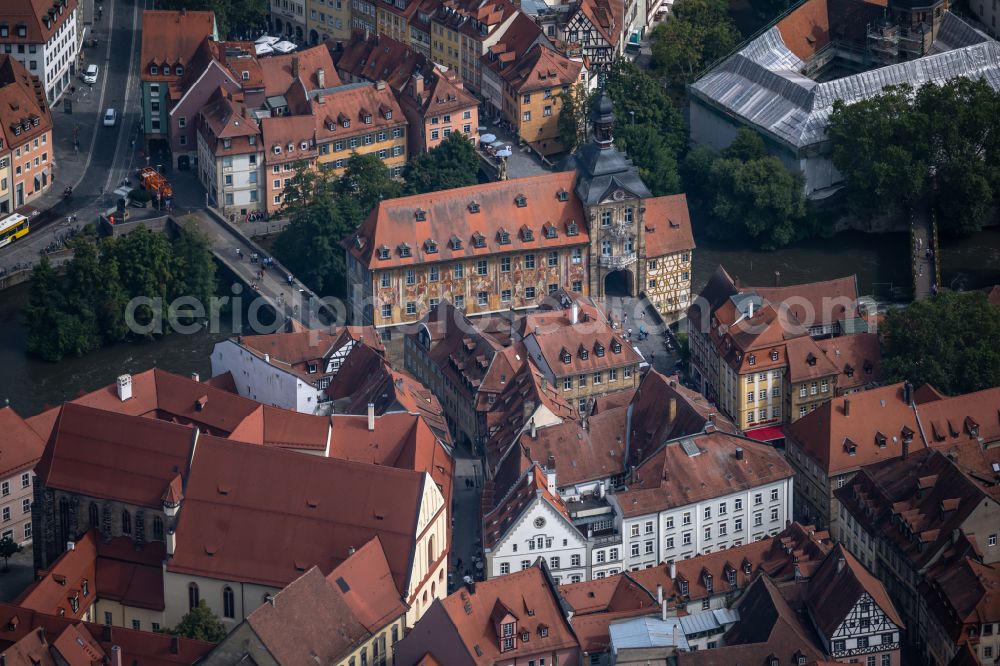 Aerial image Bamberg - Old Town area and city center with dem Alten Rathaus Bamberg between Unterer Bruecke and Oberer Bruecke on Linken Regnitzarm in Bamberg in the state Bavaria, Germany