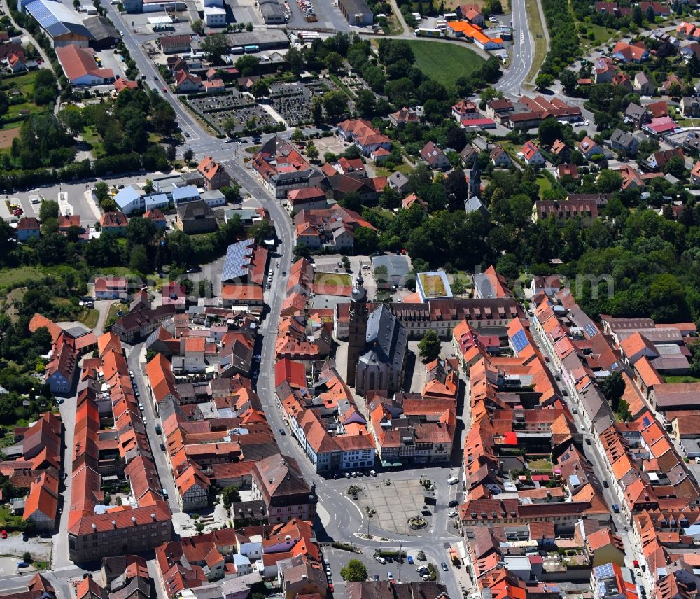 Bad Königshofen im Grabfeld from above - Old Town area and city center in Bad Koenigshofen im Grabfeld in the state Bavaria, Germany