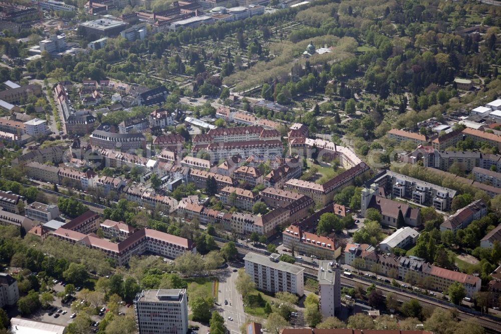 Freiburg im Breisgau from the bird's eye view: Old Town area and city center near the Emmendinger Strasse in Freiburg im Breisgau in the state Baden-Wuerttemberg